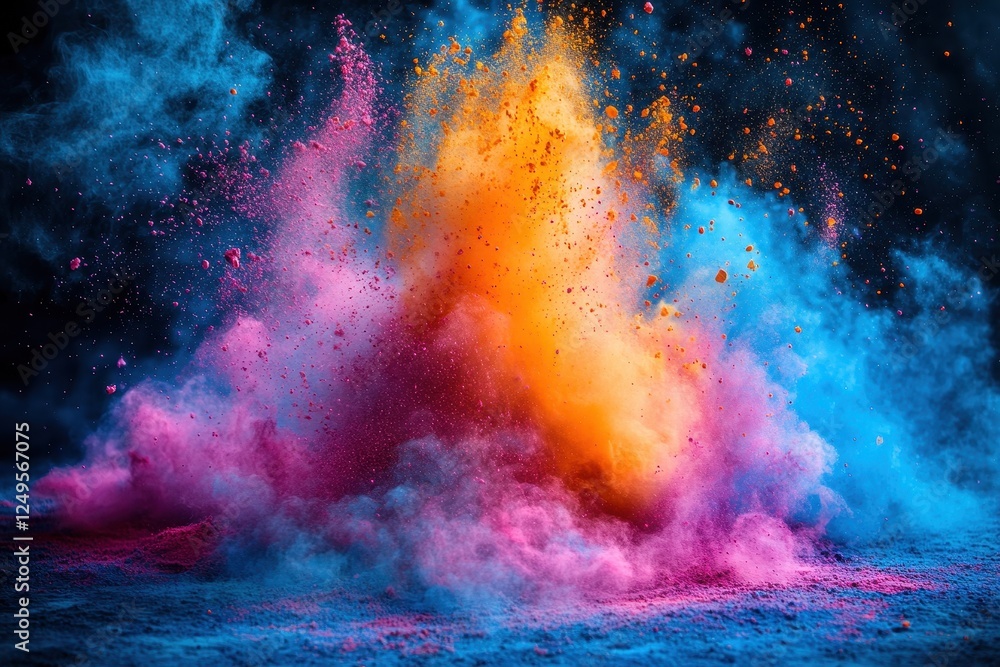 Poster vibrant explosion of colored powders creating a dynamic visual effect.