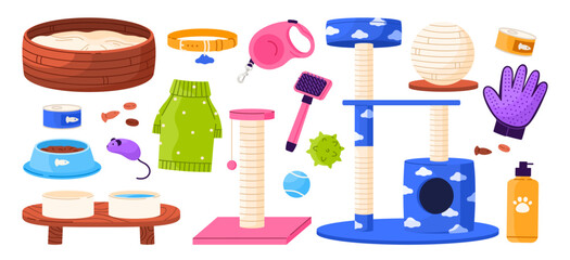 Set of different cat equipment, accessories. Pet shop goods for care, feeding, grooming and leisure. Flat vector illustration in cartoon style. Isolated white background