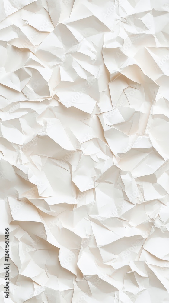Poster crumpled white paper texture with various folds and shadows, creating an abstract, tactile backgroun