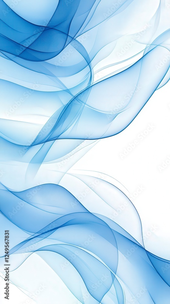 Poster translucent blue waves create an elegant flowing pattern on a white background, evoking a sense of c