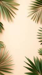 Green palm leaves frame a beige background, creating a tropical and natural aesthetic perfect for design and decoration.