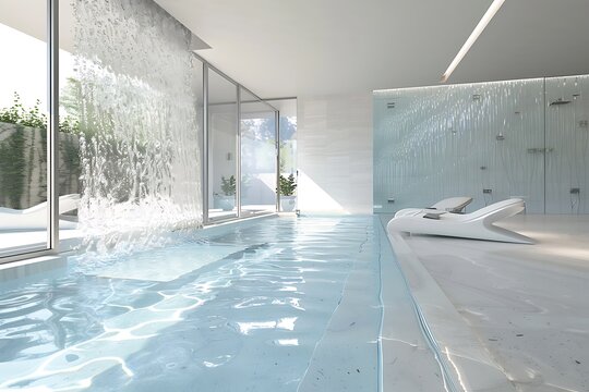 A modern, all-glass villa featuring a luxurious swimming pool with an integrated waterfall, creating a serene, spa-like ambiance.