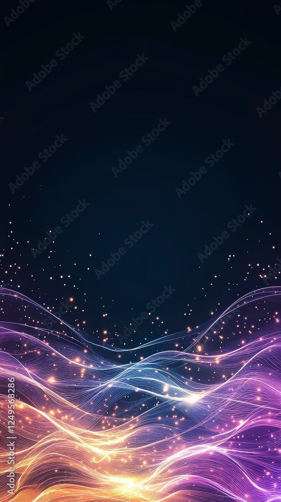 Poster vibrant waves of purple and orange light shimmer against a dark background, creating a dynamic and m