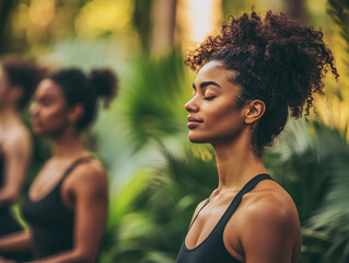 Diverse women meditating outdoors, surrounded by vibrant greenery. Calm expressions, hands in prayer position. Nature, spirituality, and mental well-being