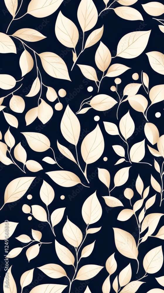 Poster leafy design with cream-colored foliage on a dark navy background, creating a modern and elegant pat