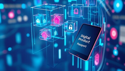 Fototapeta premium Digital Product Passport with QR Code for Product Traceability and Secure Data Storage, digital identity, product authentication, supply chain transparency, electronic circuit background.