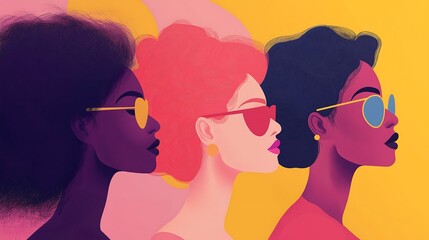 Celebration of women's empowerment illustrated through diverse figures wearing sunglasses in vibrant colors