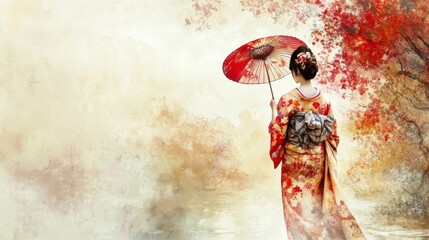 Elegant woman in kimono holds red parasol while walking through serene landscape during autumn season