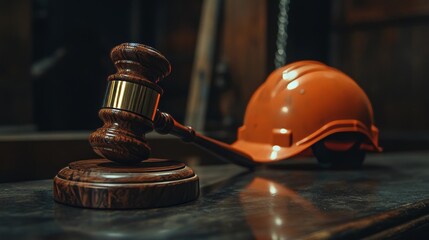 Gavel and hard hat symbolize construction law and safety regulations in an industrial setting
