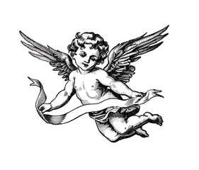 An adorable cherub flying with a ribbon. Woodcut engraving style illustration. Isolated.
