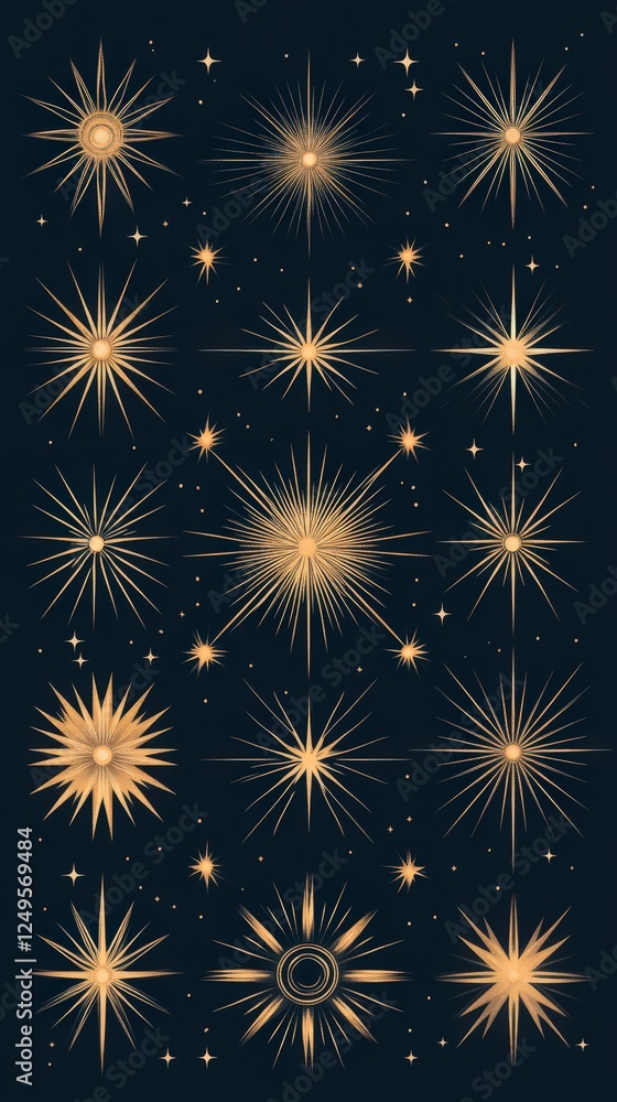 Poster a collection of golden starburst designs set against a dark background, creating a celestial and dre