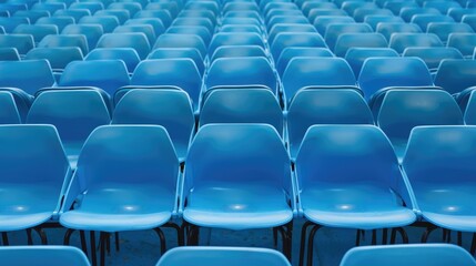 Fototapeta premium Blue plastic chairs in rows with metal legs on a matching blue background, showcasing repetition and simplicity in design.