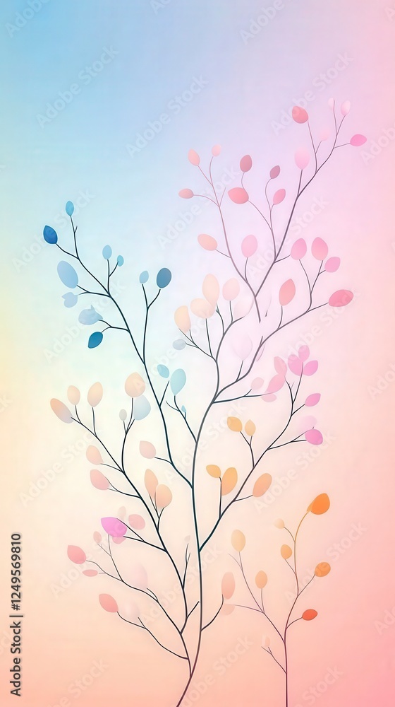 Poster colorful branches with pastel leaves against a soft gradient background create a serene and artistic