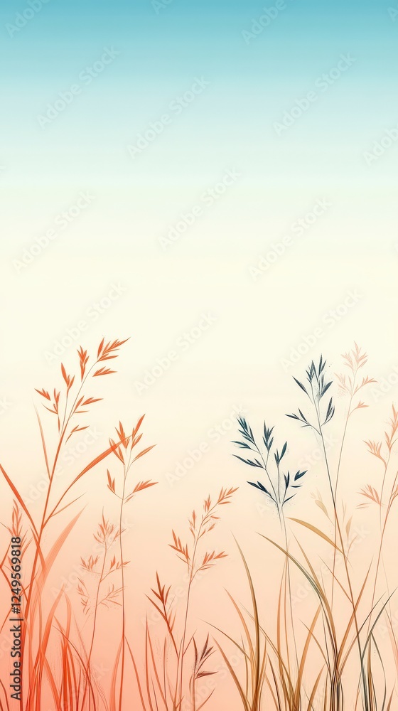 Aufkleber soft gradient background with delicate silhouettes of grass and flowers, creating a serene and tranq