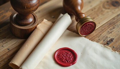 Wax seal impression on parchment with wooden stamp
