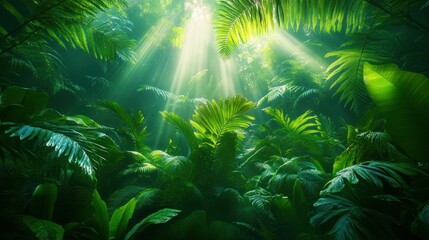 Sunbeams pierce lush jungle canopy, vibrant green foliage, background light, nature backdrop