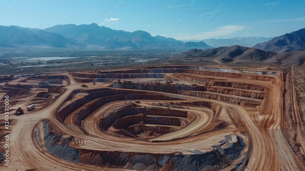 Poster heavy machinery operates within a vast quarry situated in a mountainous area. dirt paths wind throug
