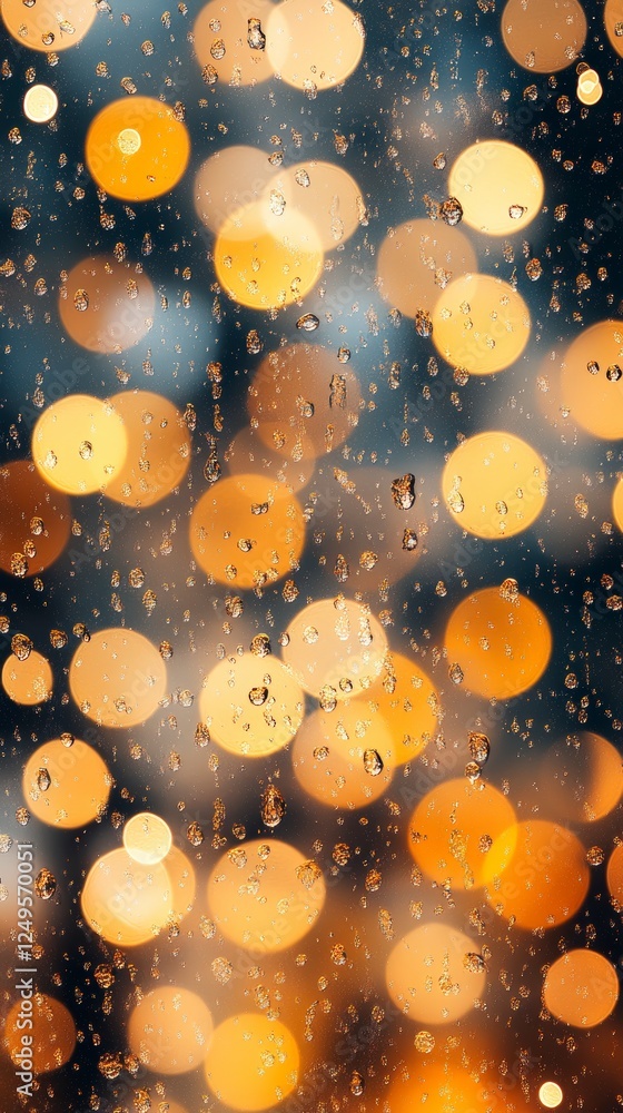 Poster abstract background with golden bokeh effects and raindrops on a window, creating a warm and atmosph