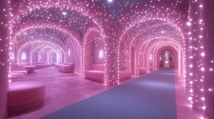 Pink illuminated hallway, relaxation area, calming atmosphere, spa interior design