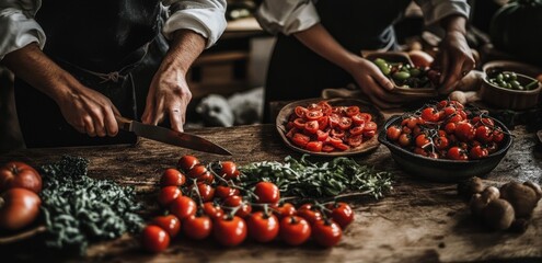 Chefs preparing vegetables on rustic kitchen counter