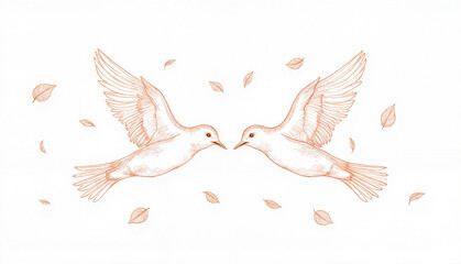 Obraz premium Two flying birds surrounded by falling leaves