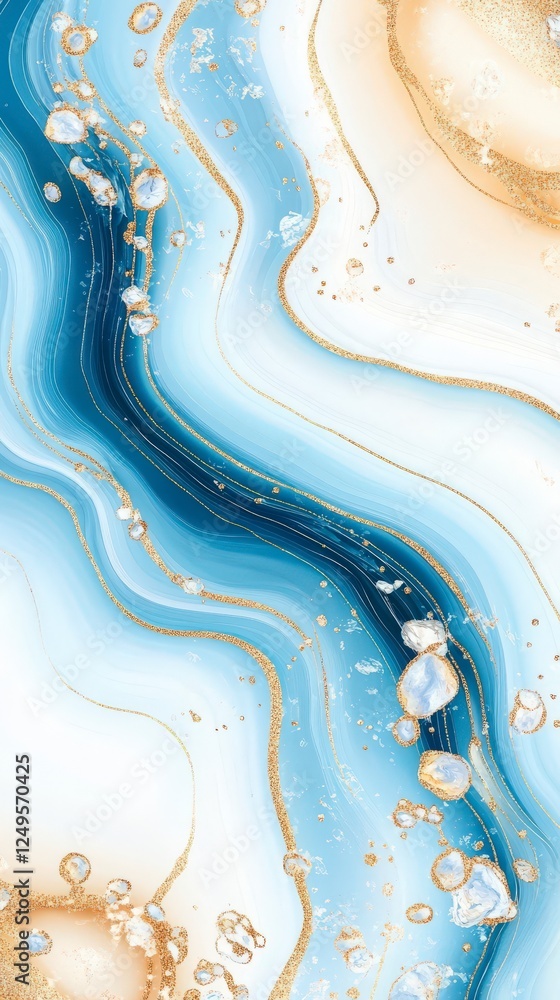 Poster abstract fluid art featuring waves of blue, gold, and white, creating a serene and elegant design wi