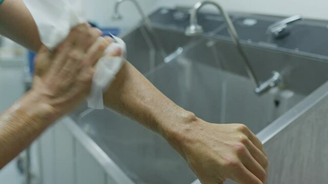 Close-up of an unrecognizable doctor drying hands after washing before surgery