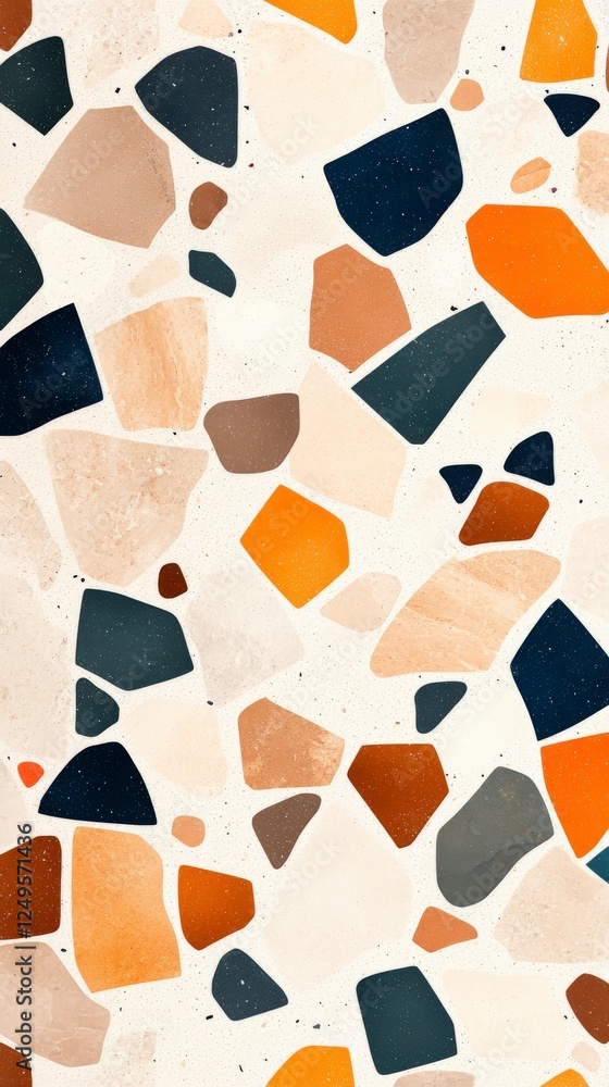 Poster abstract terrazzo pattern featuring colorful stone fragments in warm tones, creating a vibrant and m