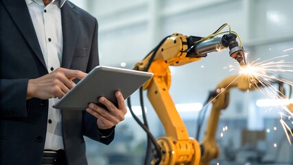 Businessperson Using Tablet to Control Industrial Robots &ndash; Digital Control and Automation in Modern Manufacturing