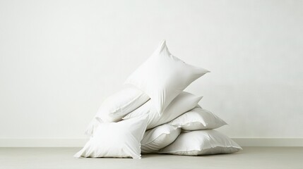   A stack of pillows perched atop a white bedding base adjacent to a pristine wall