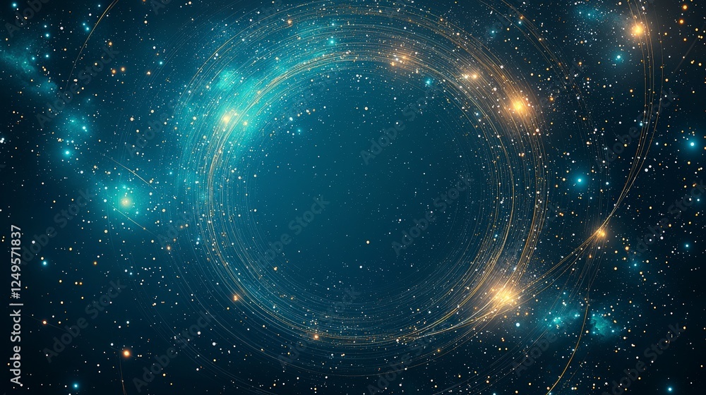 Poster vibrant cosmic scene featuring swirling stars and glowing particles in deep space, creating a captiv