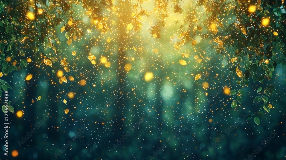 Poster a serene forest scene illuminated by golden light, with floating particles creating a magical atmosp