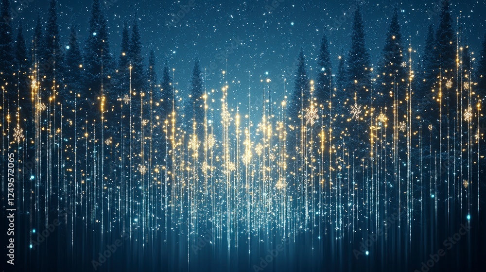 Poster a mystical forest scene with glowing lights amidst tall trees, creating a magical and serene atmosph