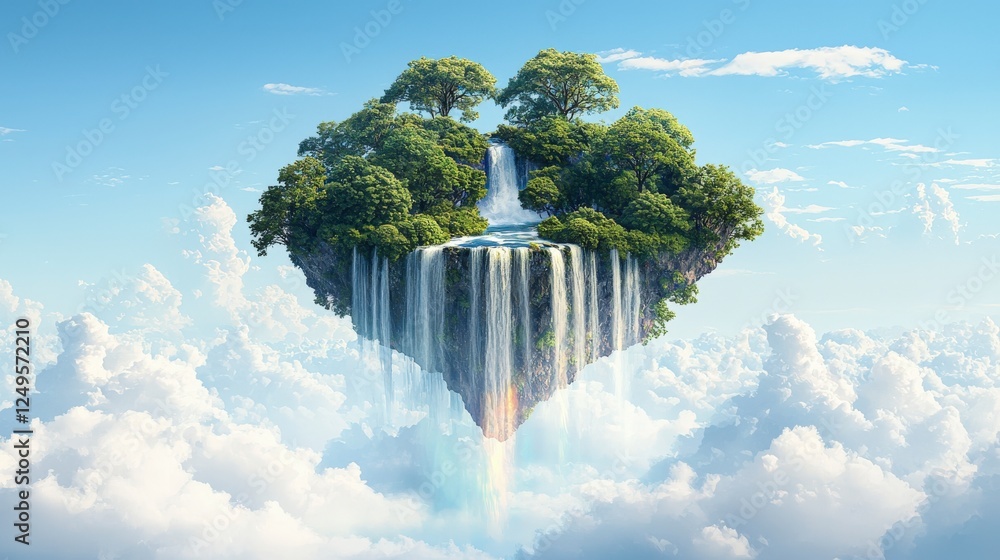 Poster a surreal floating island with lush trees and cascading waterfalls surrounded by clouds under a brig