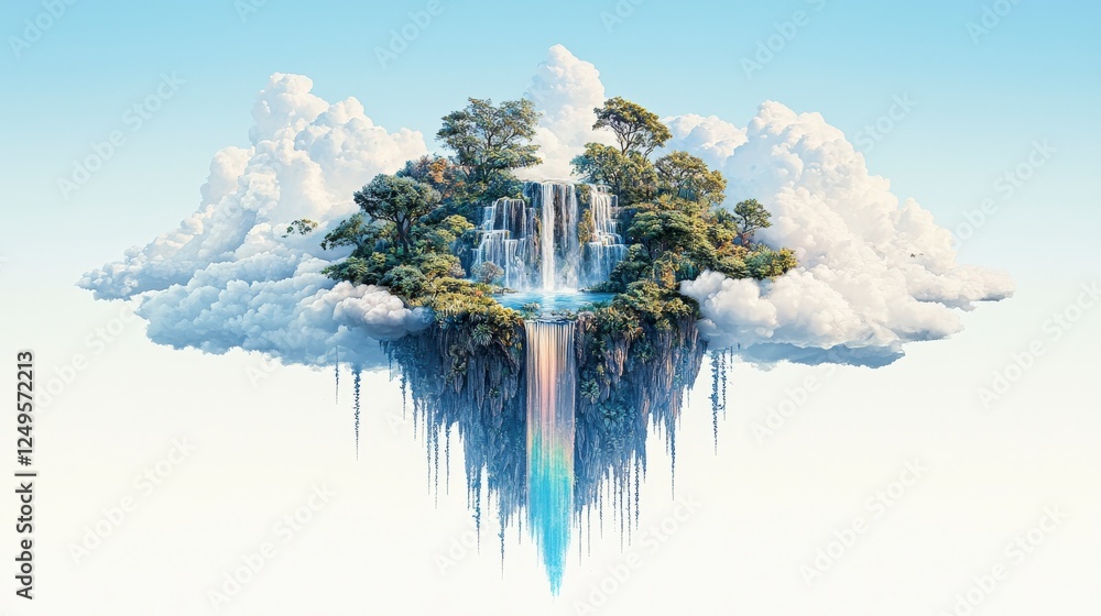 Poster a surreal floating island with lush greenery and a cascading waterfall, surrounded by soft clouds ag