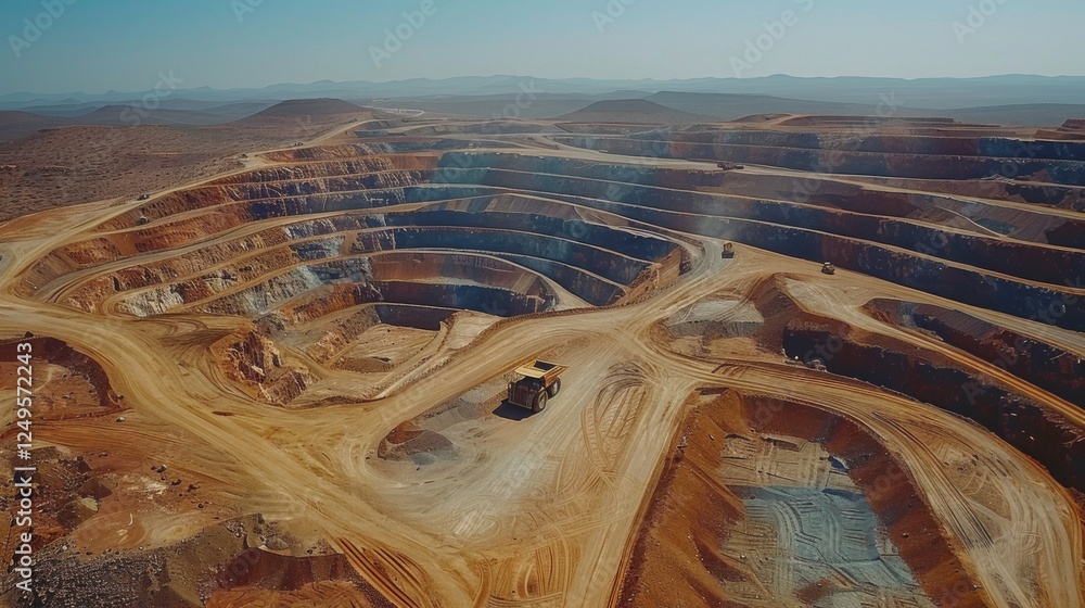 Aufkleber Vast open pit mining area features terraced layers of soil and rock. Heavy machinery works diligently in the distance, with mountains visible far away on a sunny day.