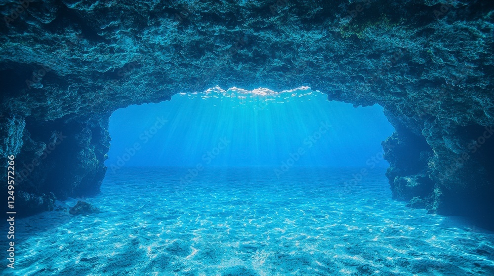 Poster underwater cave with sunlight filtering through clear blue water, creating a serene and tranquil atm
