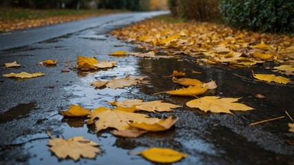 autumn day puddle, rain, yellow leaves in the puddle