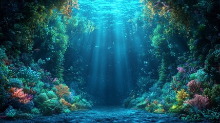 Fototapeta premium Underwater scene showcasing vibrant coral reefs with beams of sunlight filtering through the clear water, creating a serene atmosphere.