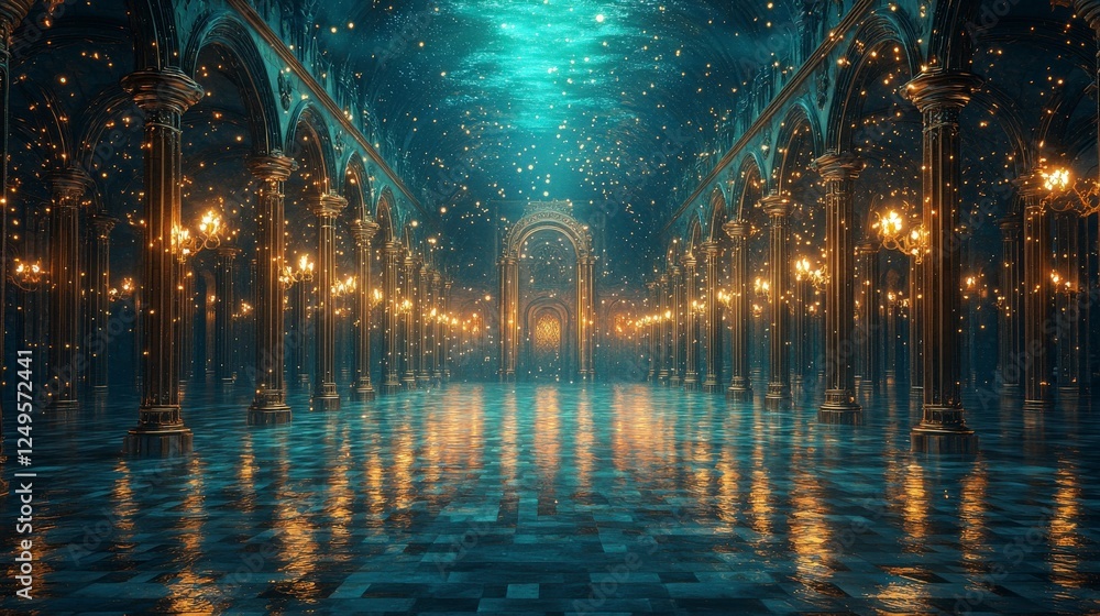 Poster a mystical underwater scene with illuminated columns reflecting in shimmering water, creating a sere