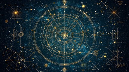 Celestial design featuring stars and constellations, set against a deep blue background, representing the cosmos and astrological elements.