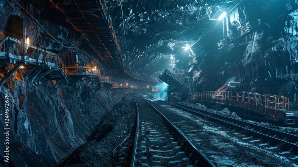 Leinwandbilder Underground mining site features illuminated tracks and heavy machinery, showcasing a network of tunnels with rough rock formations and a dimly lit environment at night.