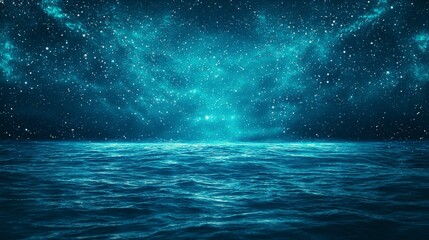 A tranquil ocean scene illuminated by a starry, ethereal sky, blending deep blues and shimmering lights for a serene atmosphere.