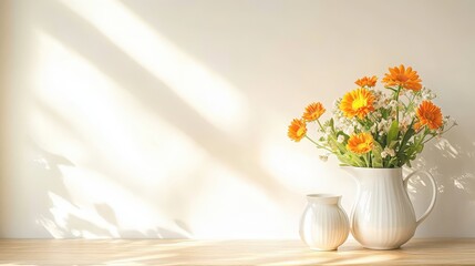 Bright Floral Arrangement Elegant White Vases Soft Shadows