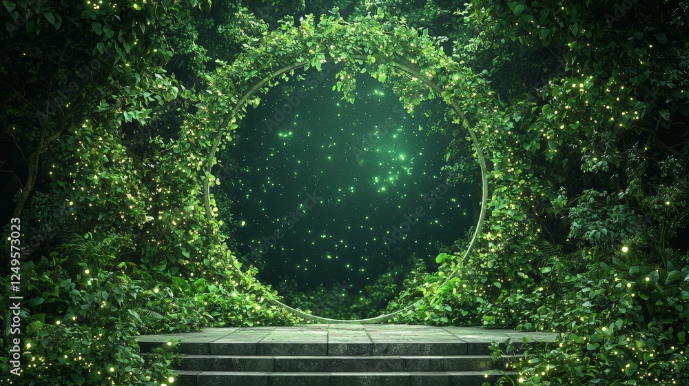 Poster magical circular portal surrounded by lush greenery and glowing particles, creating an enchanting at