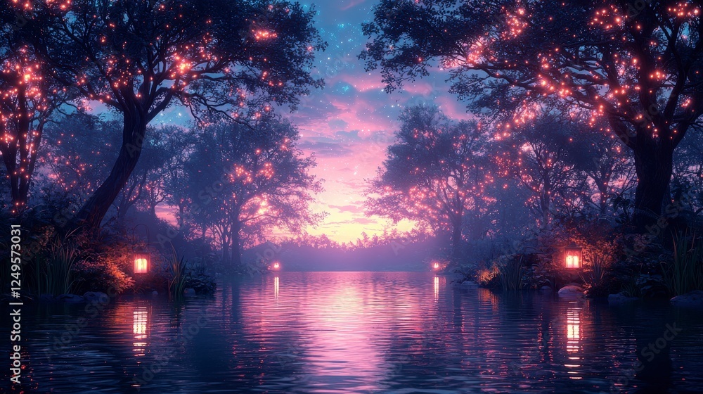 Poster a serene twilight scene by a river, framed by illuminated trees, with soft reflections and a colorfu