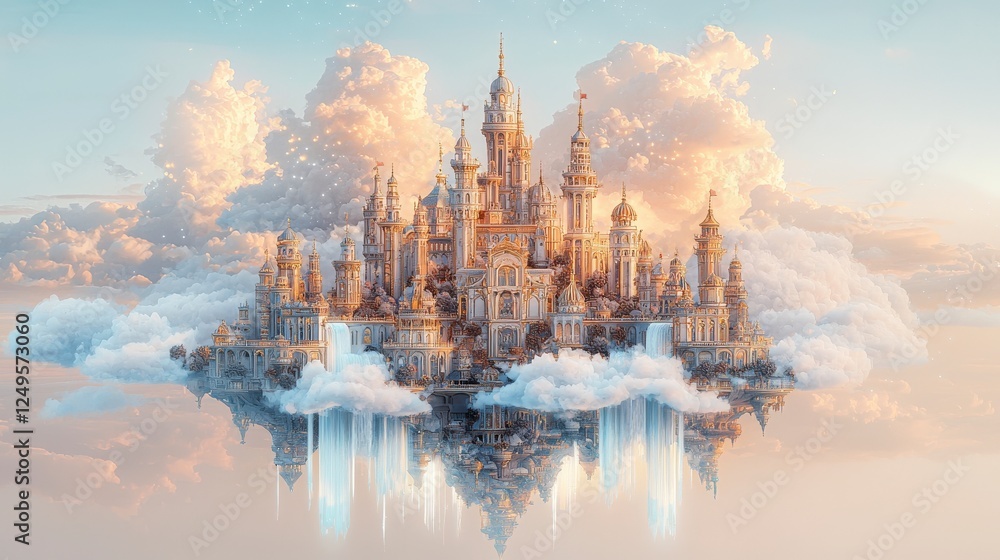 Poster a fantastical floating castle surrounded by clouds, illuminated by soft light, creating a dreamlike 