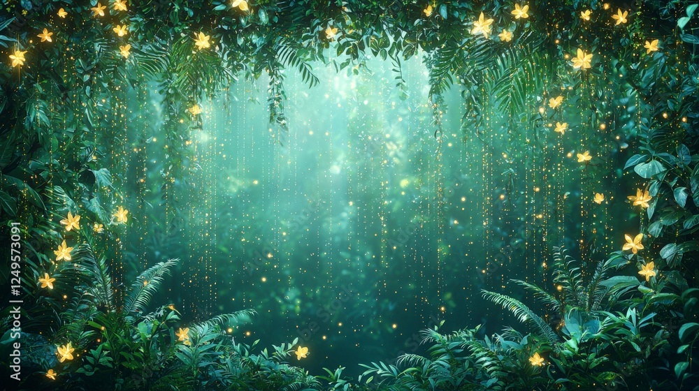 Poster a mystical forest scene with lush greenery and twinkling lights, creating an enchanting and tranquil