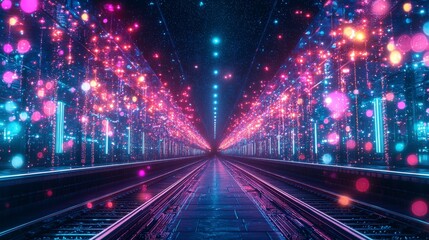 Fototapeta premium Vibrant digital pathway illuminated by colorful lights, creating a futuristic and immersive atmosphere.