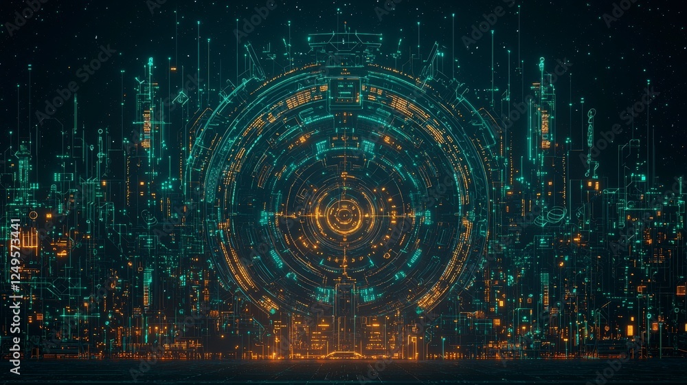 Poster futuristic digital cityscape with glowing structures and intricate patterns, exuding a high-tech amb